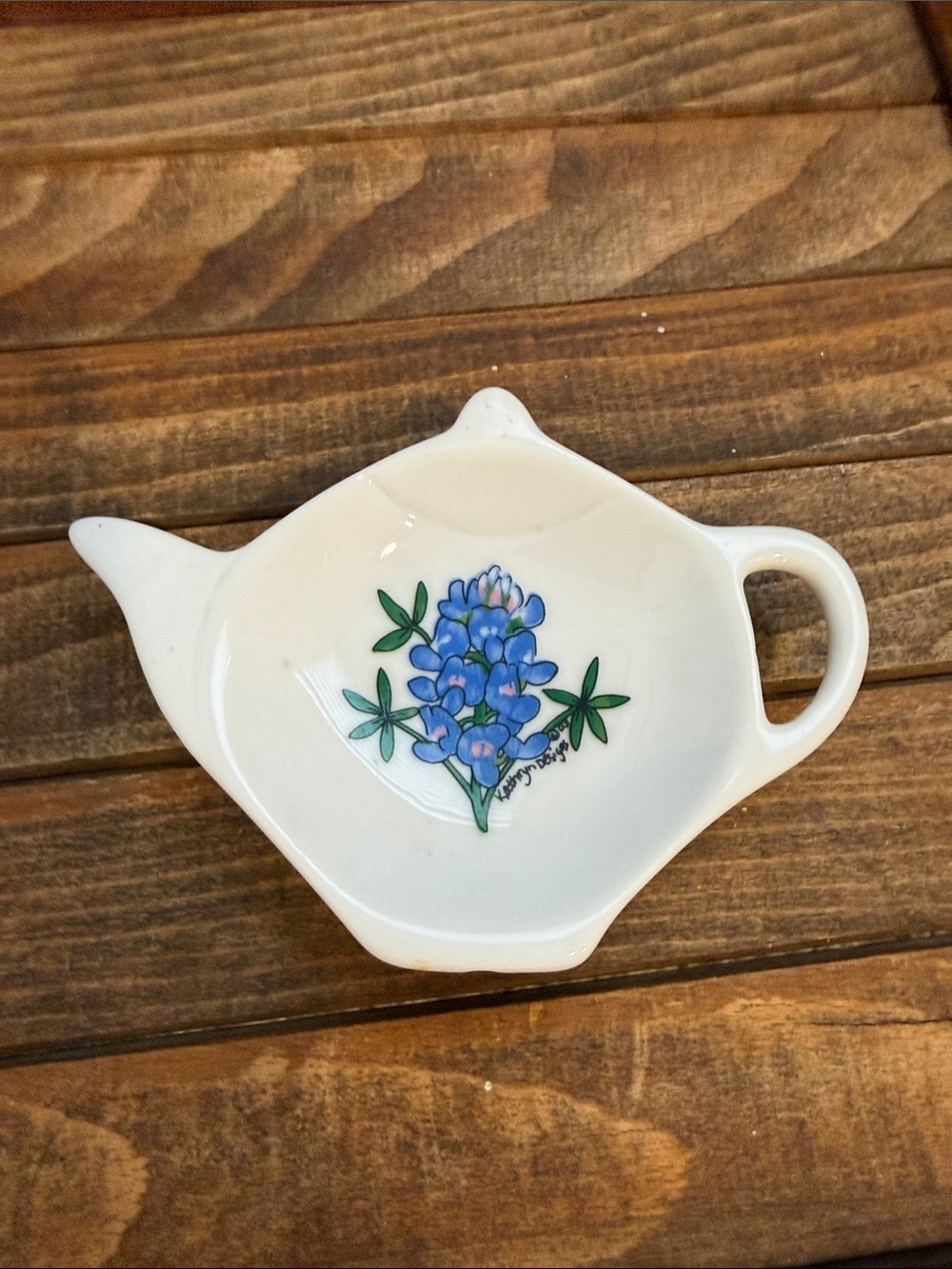 Kathryn Designs 2003 Bluebonnet Teapot Tea Bag Holder Ceramic Trinket Dish Texas
